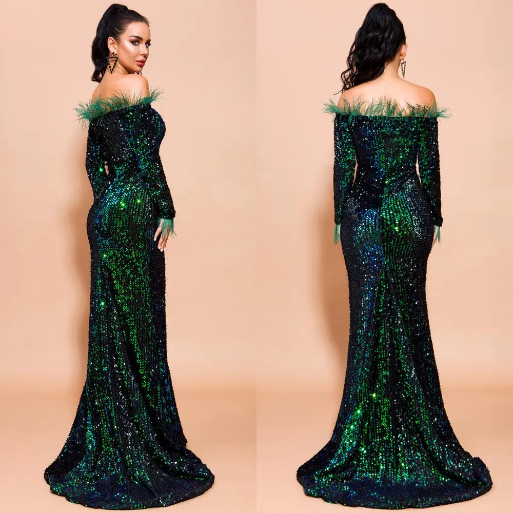Sexy Off Shoulder Feather Long Sleeve Sequin Dress Floor Length