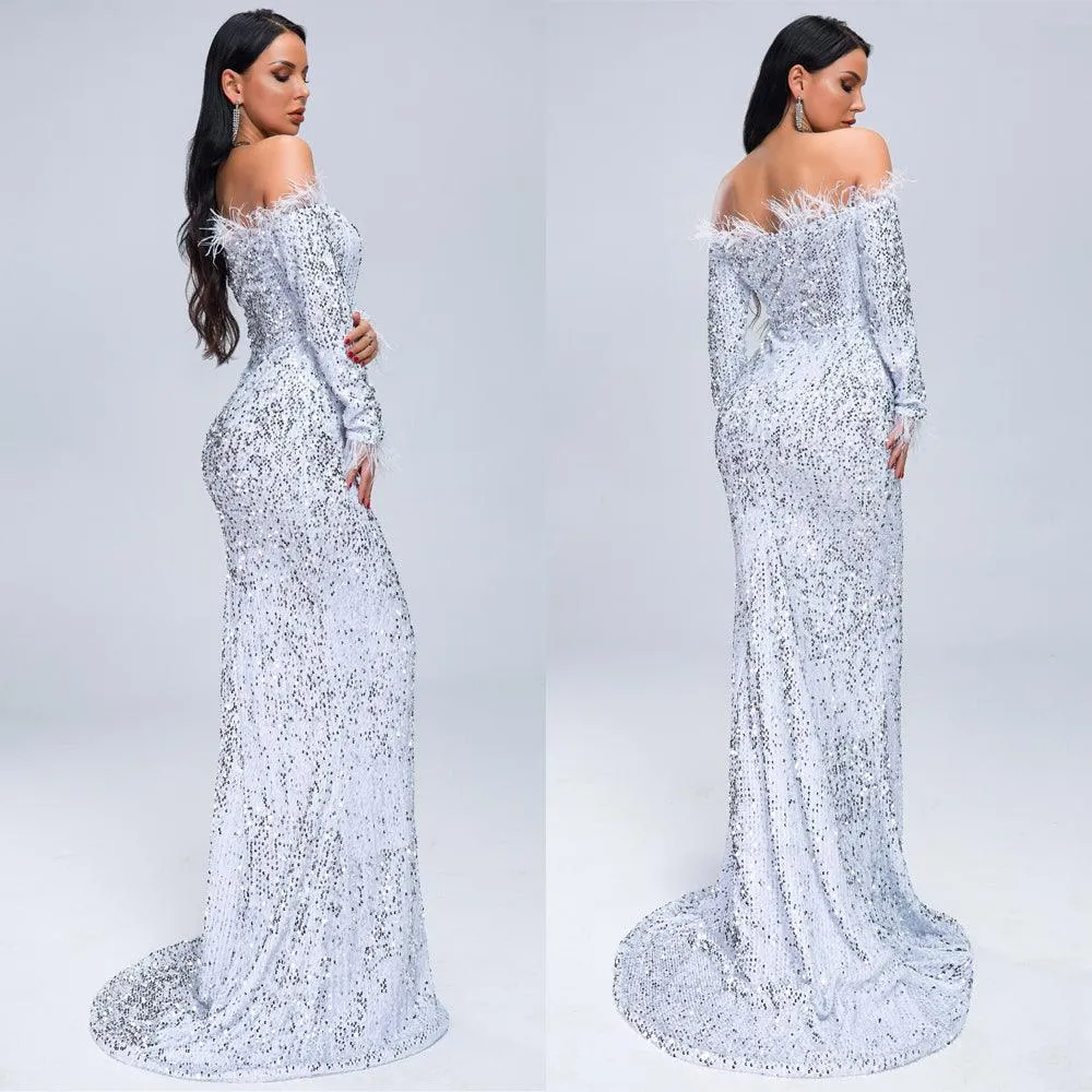 Sexy Off Shoulder Feather Long Sleeve Sequin Dress Floor Length