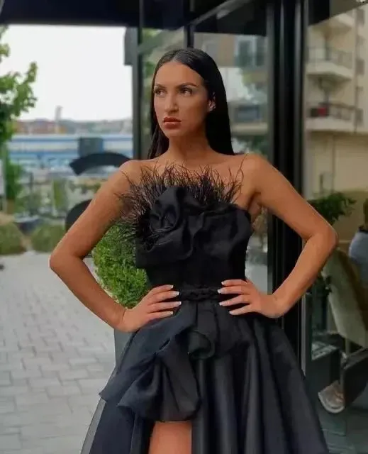 Sexy Side Split Satin Prom Dresses Strapless Long Formal Occasion Dress Party Gowns Black Women Evening Dresses