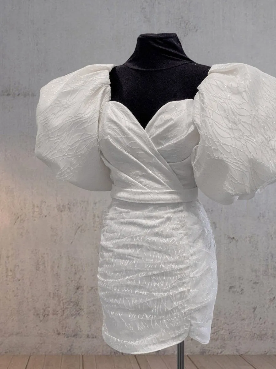 Sheath Puff Sleeves Short V-Neck Wedding Dresses