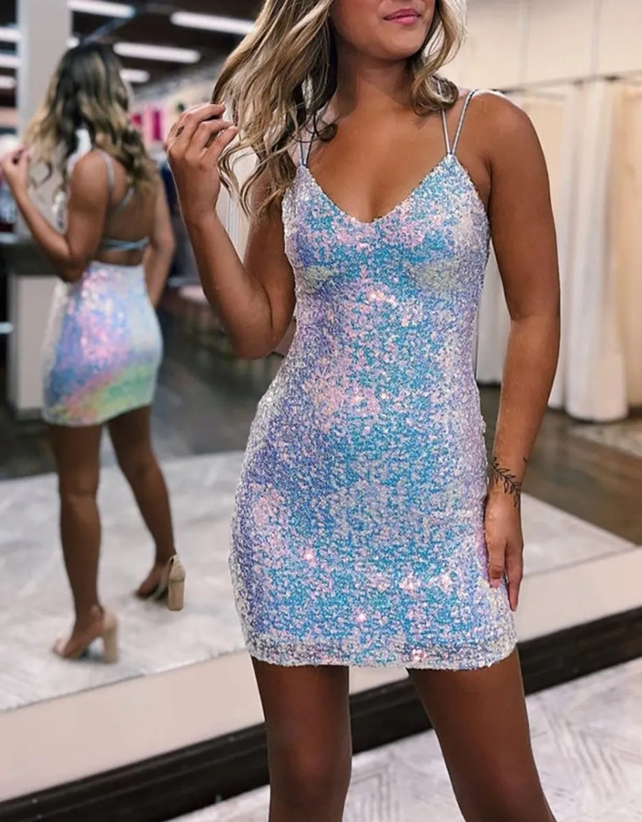 Sheath V Neck Sequins Homecoming Dresses