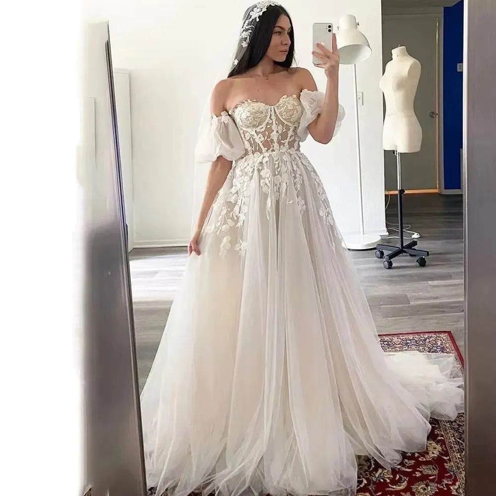 Short Puff Sleeves 3D lace Wedding Dresses Champagne Liner Tulle Appliques Formal Bridal Gowns Women