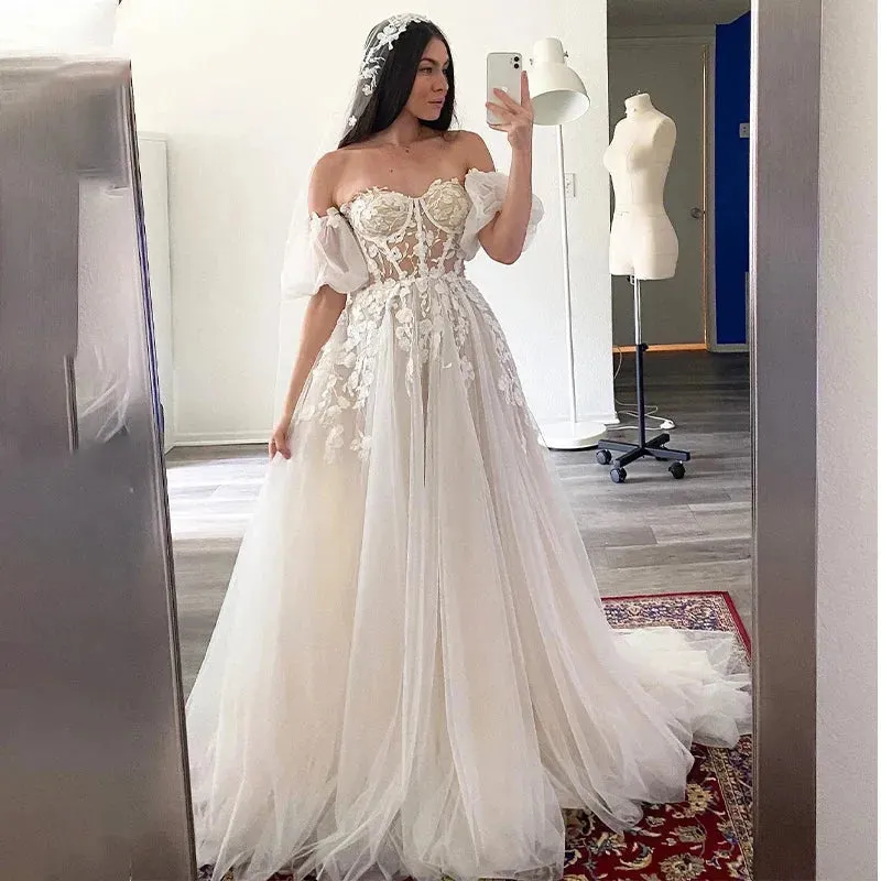 Short Puff Sleeves 3D lace Wedding Dresses Champagne Liner Tulle Appliques Formal Bridal Gowns Women