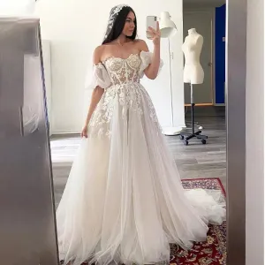 Short Puff Sleeves 3D lace Wedding Dresses Champagne Liner Tulle Appliques Formal Bridal Gowns Women
