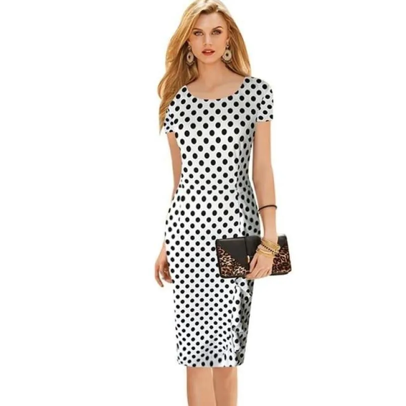 Short Sleeve  Wear to Work Vintage Polka Dot  Pencil Midi Dress