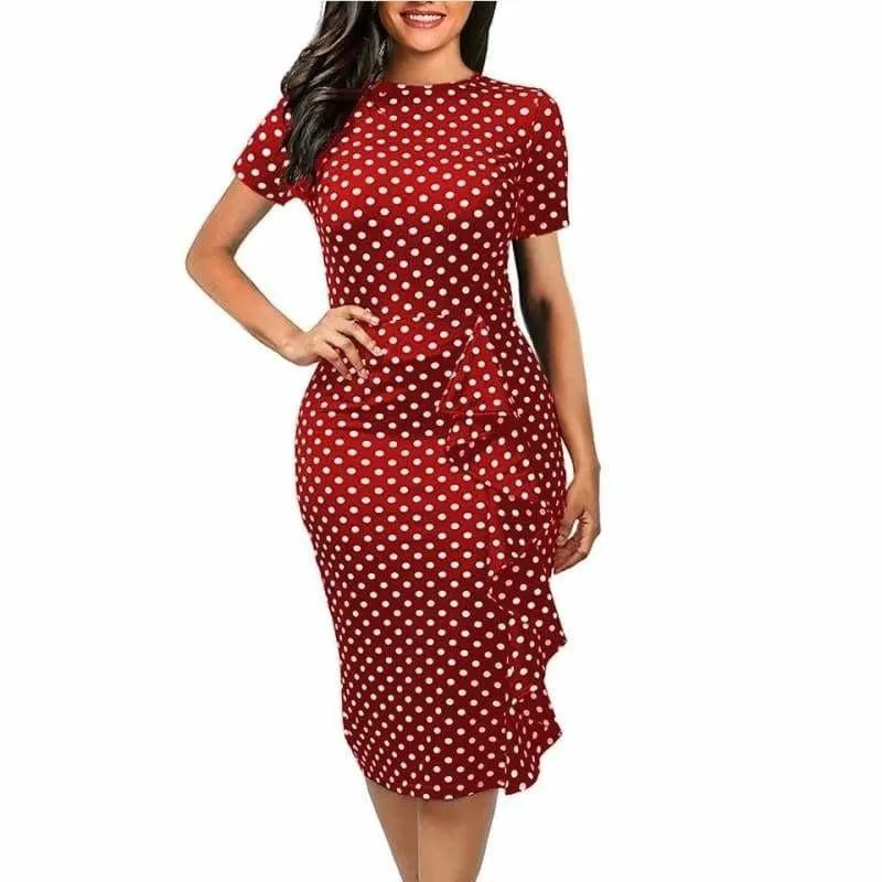 Short Sleeve  Wear to Work Vintage Polka Dot  Pencil Midi Dress