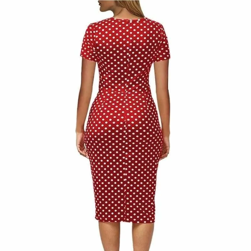 Short Sleeve  Wear to Work Vintage Polka Dot  Pencil Midi Dress