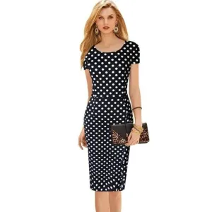 Short Sleeve  Wear to Work Vintage Polka Dot  Pencil Midi Dress