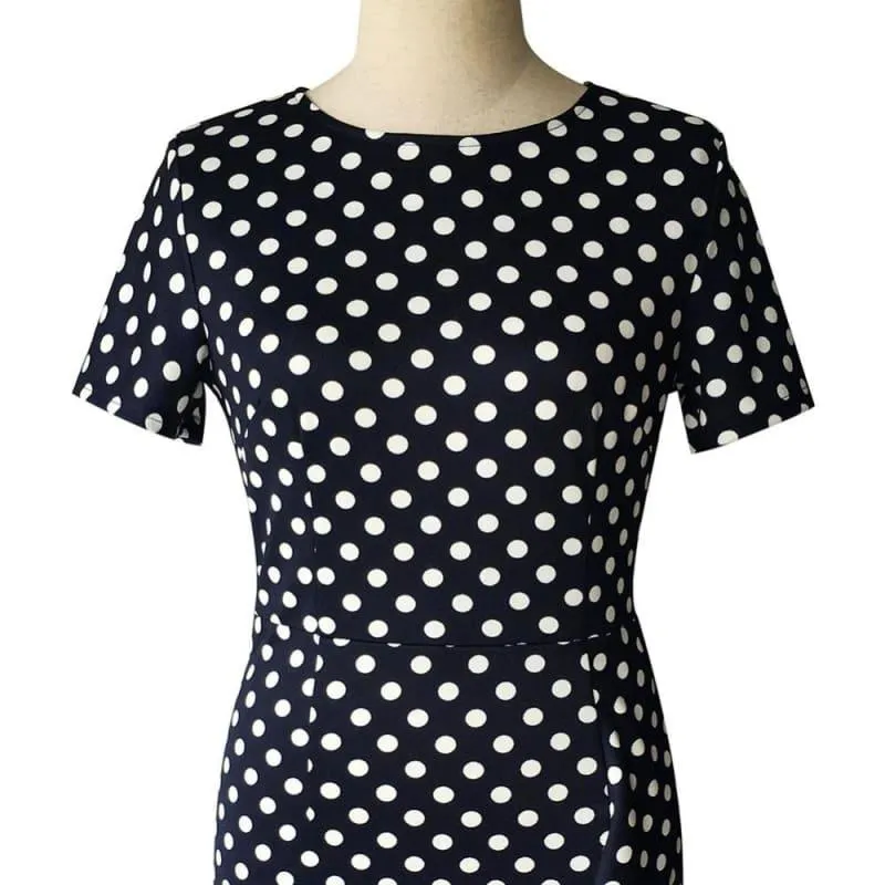 Short Sleeve  Wear to Work Vintage Polka Dot  Pencil Midi Dress