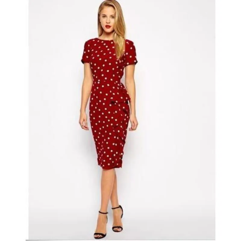 Short Sleeve  Wear to Work Vintage Polka Dot  Pencil Midi Dress
