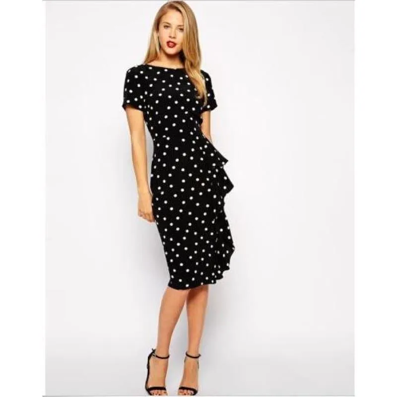 Short Sleeve  Wear to Work Vintage Polka Dot  Pencil Midi Dress