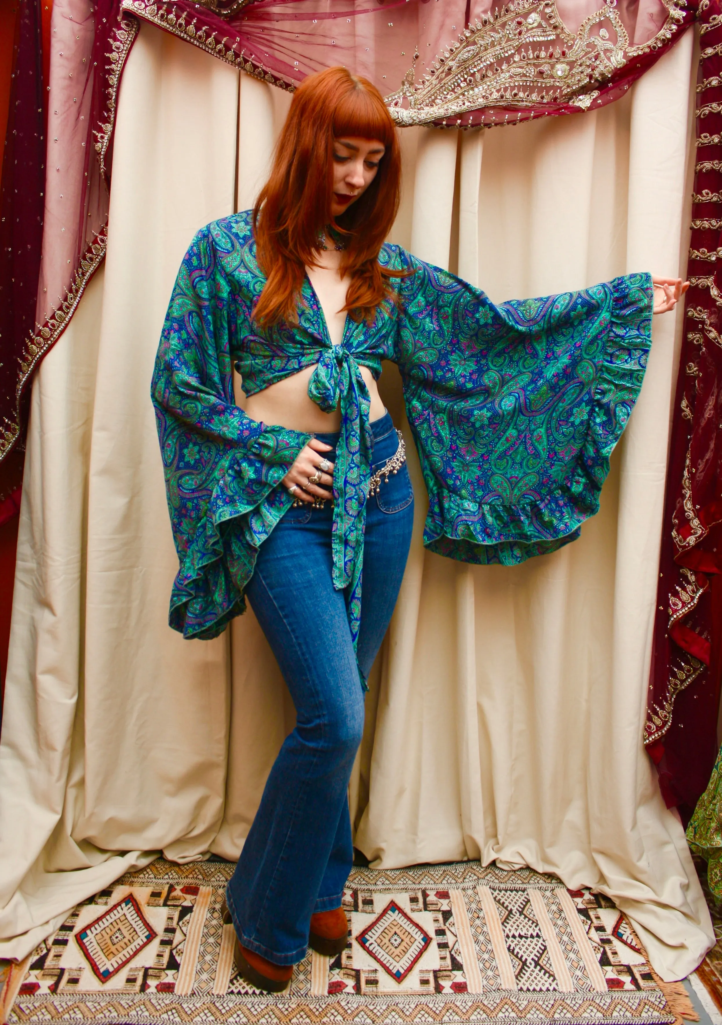 Silk Flared Sleeve Butterfly Blouse