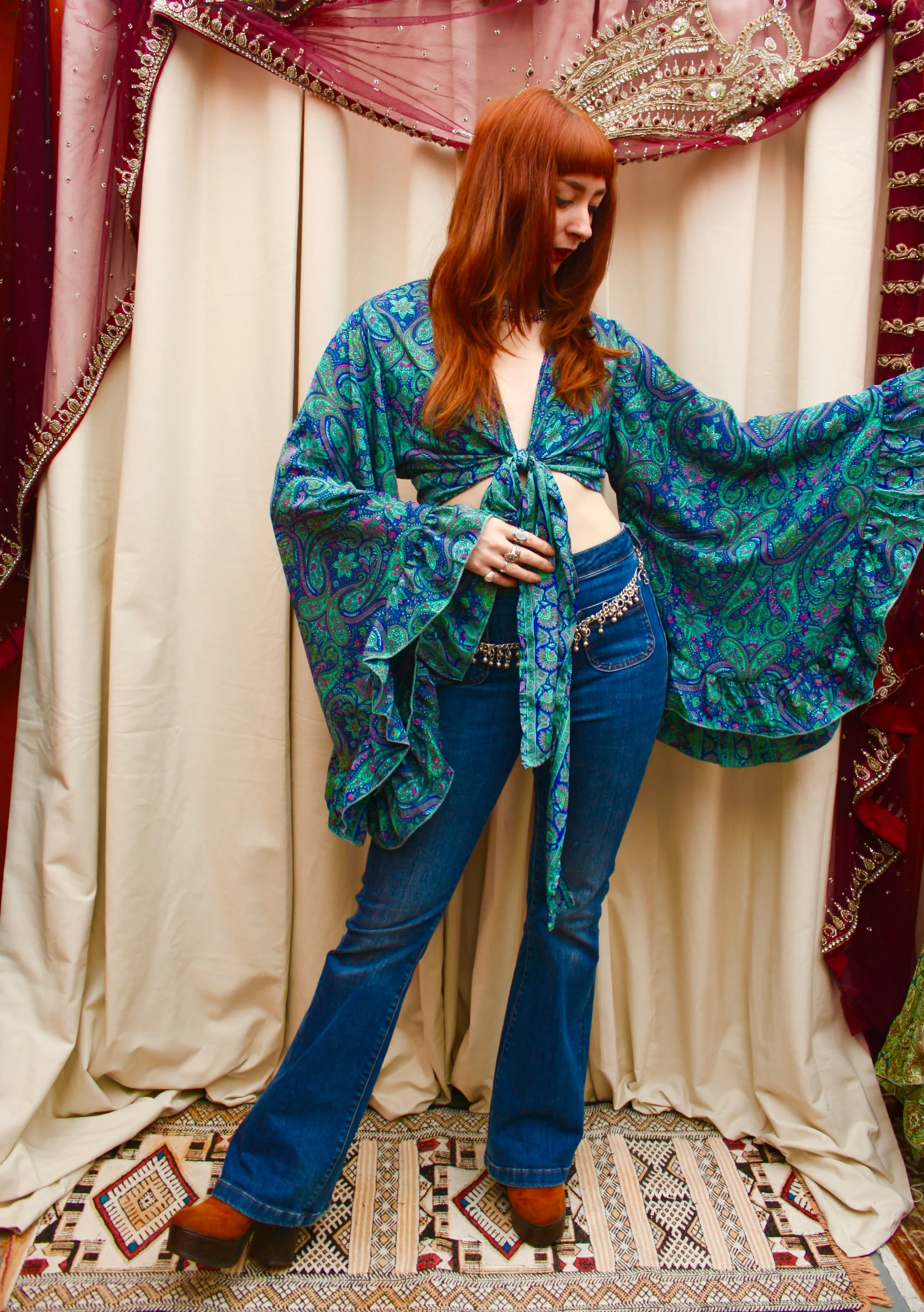 Silk Flared Sleeve Butterfly Blouse