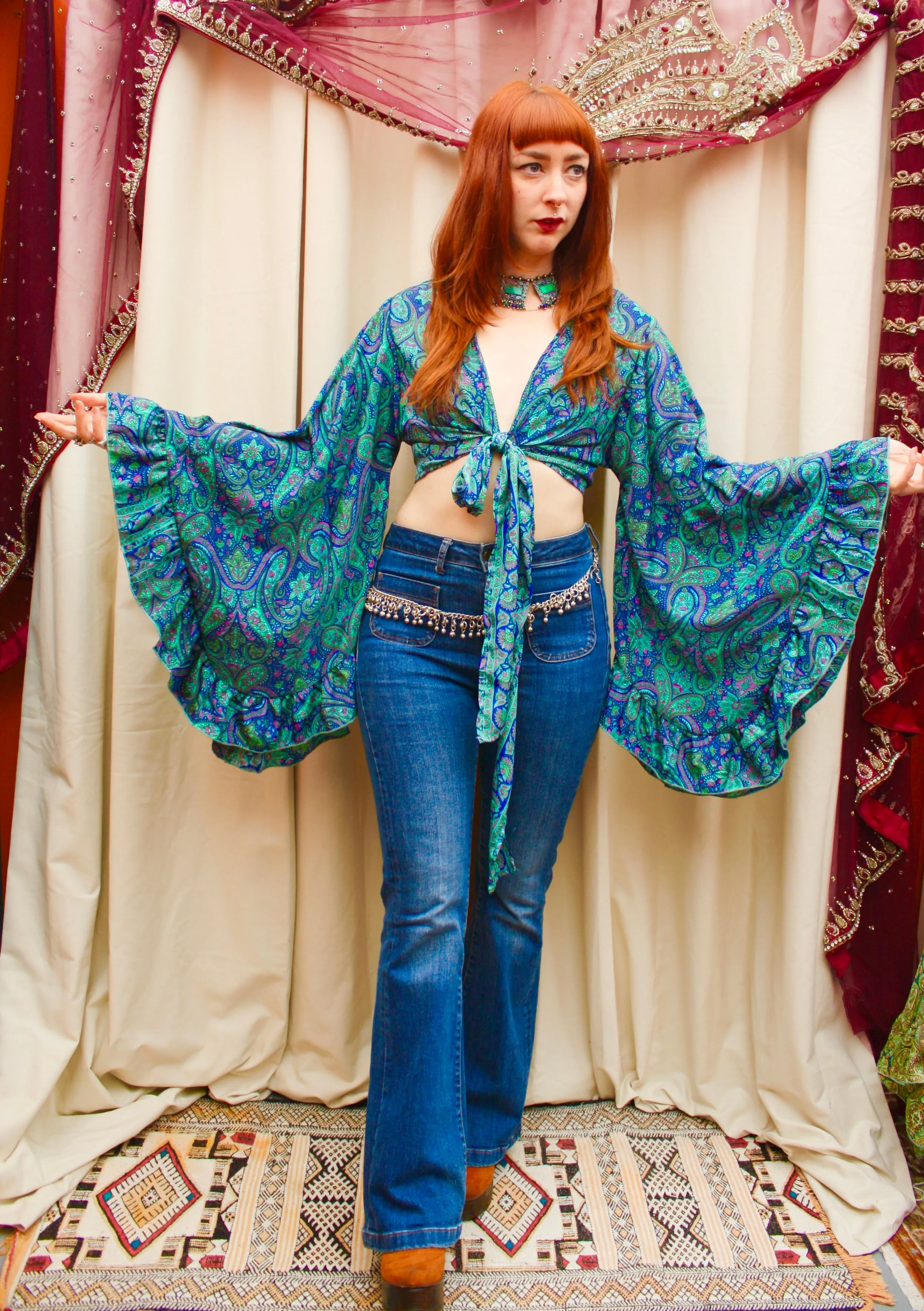 Silk Flared Sleeve Butterfly Blouse
