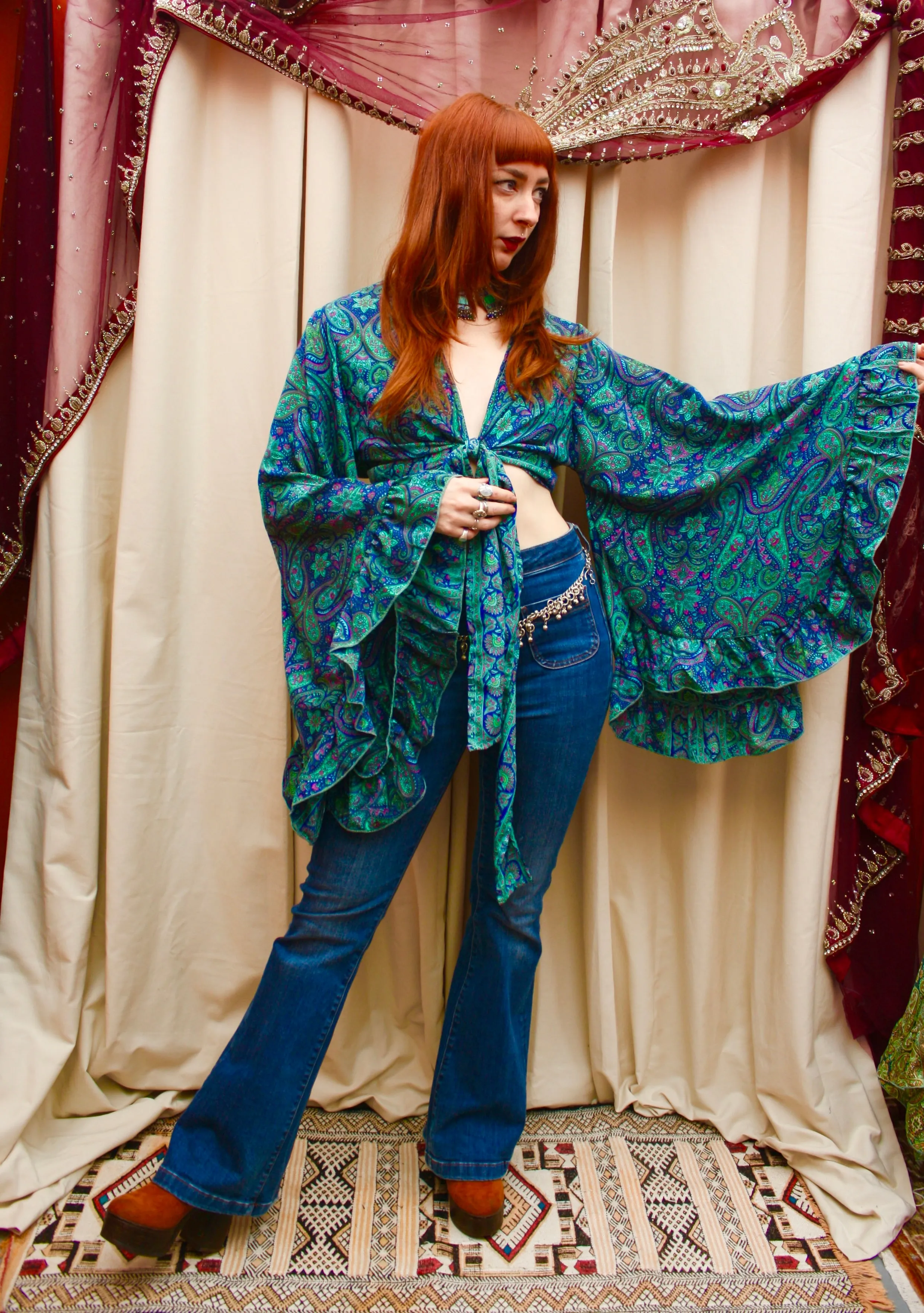 Silk Flared Sleeve Butterfly Blouse