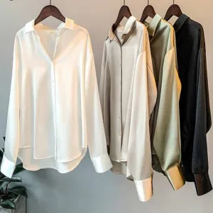 Silk Korean Office Ladies Elegant Shirt Blouse Women Fashion Button Up Satin Shirt Vintage White Long Sleeve Shirts Tops
