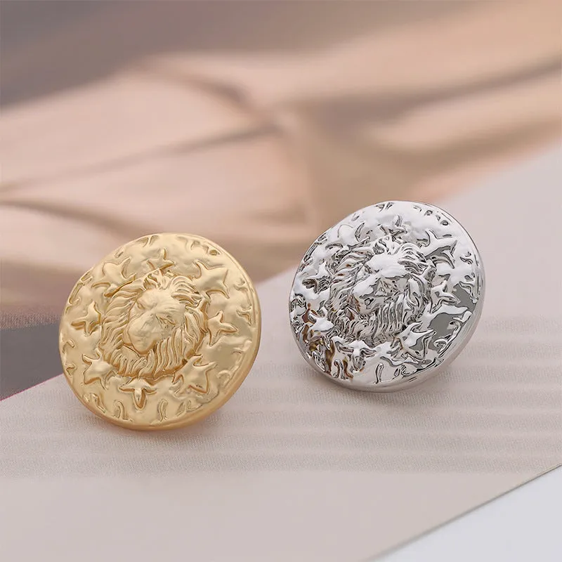 Silver Misty Gold Lion Head Round Metal Button 6pcs