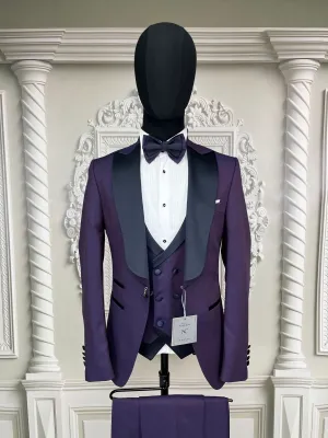 Single button three piece men's Suit with contrasting black velvet lapel, matching bow tie and Black Pants