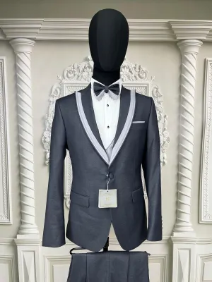 Single Button Three Piece Mens Suit with contrasting blue velvet lapel, matching bow tie and Black Pants