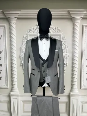 Single Button Three Piece Tuxedo Suit with Contrasting Black Lapel and Pants