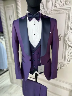 Single Button Three Pieces Tuxedo Suit with contrasting green velvet Lapel, matching bow tie and Black Pants.