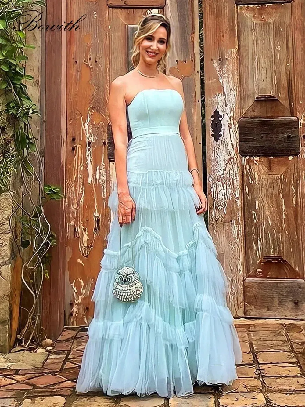 Sky Blue Long Evening Dresses For Wedding Party A Line Night Banquet Gowns Tiered Formal Occasion Dress Robe de soirée