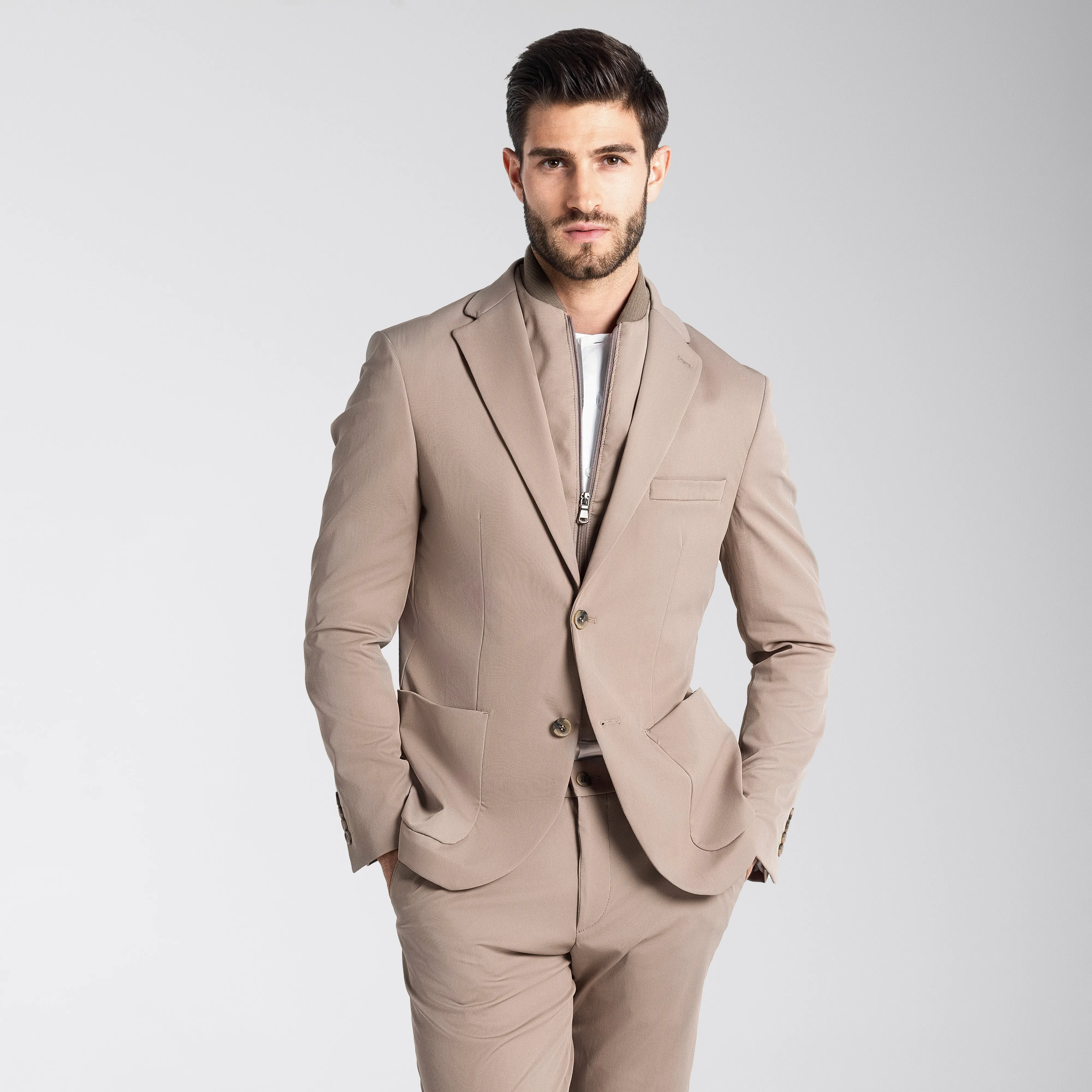 Slim Fit Beige Suit with zipper vest-Turkish Made
