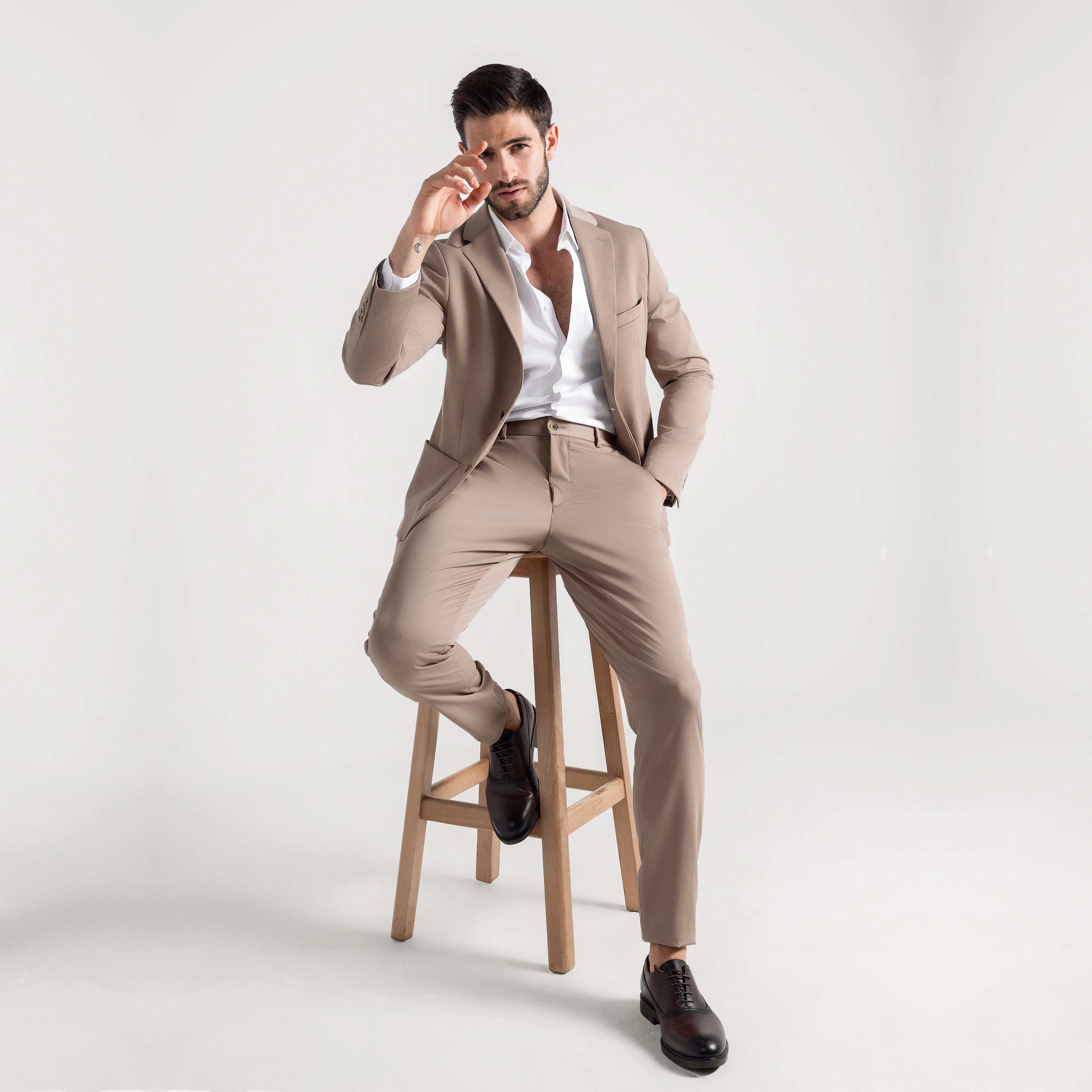 Slim Fit Beige Suit with zipper vest-Turkish Made