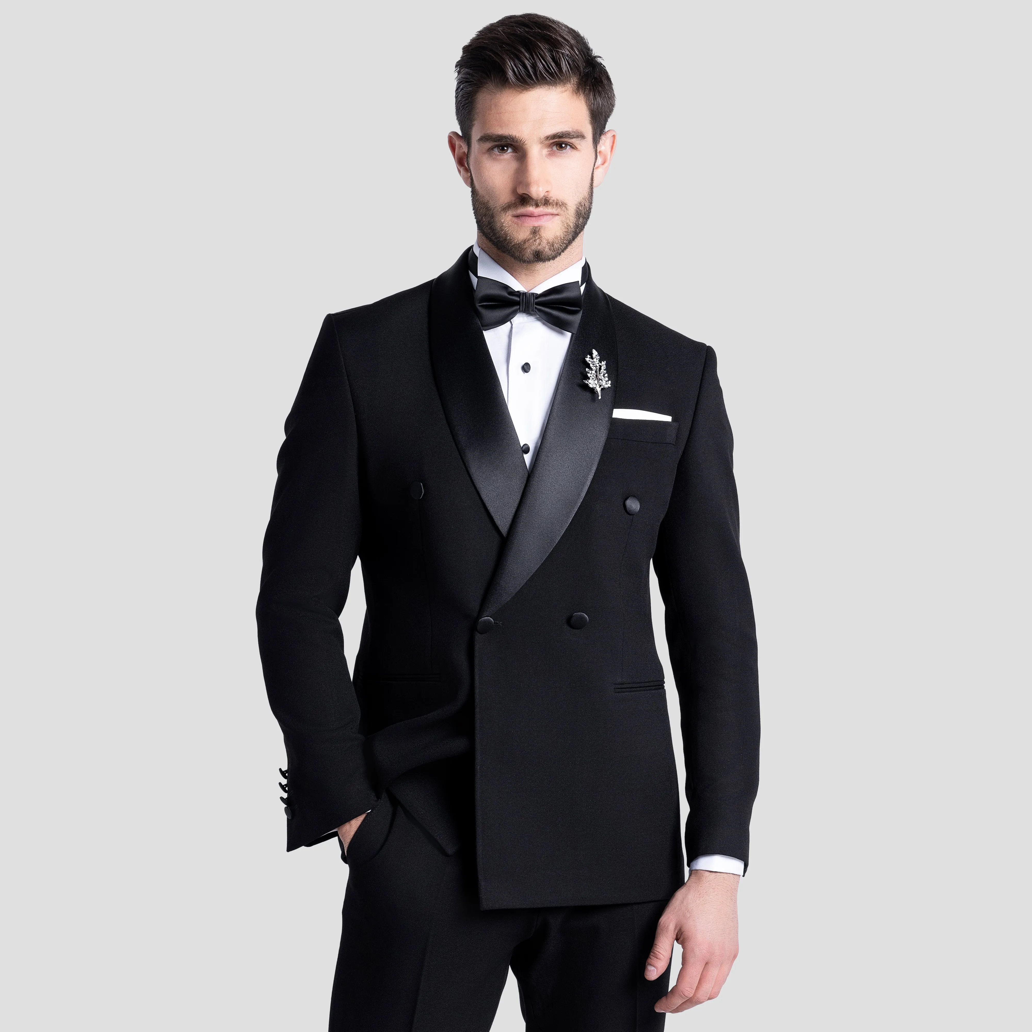 Slim Fit Black Double-Breasted Wedding Suit-Turkish Made