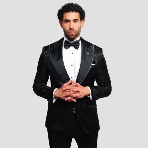 Slim Fit Black Floral Tuxedo Suit-Turkish Made