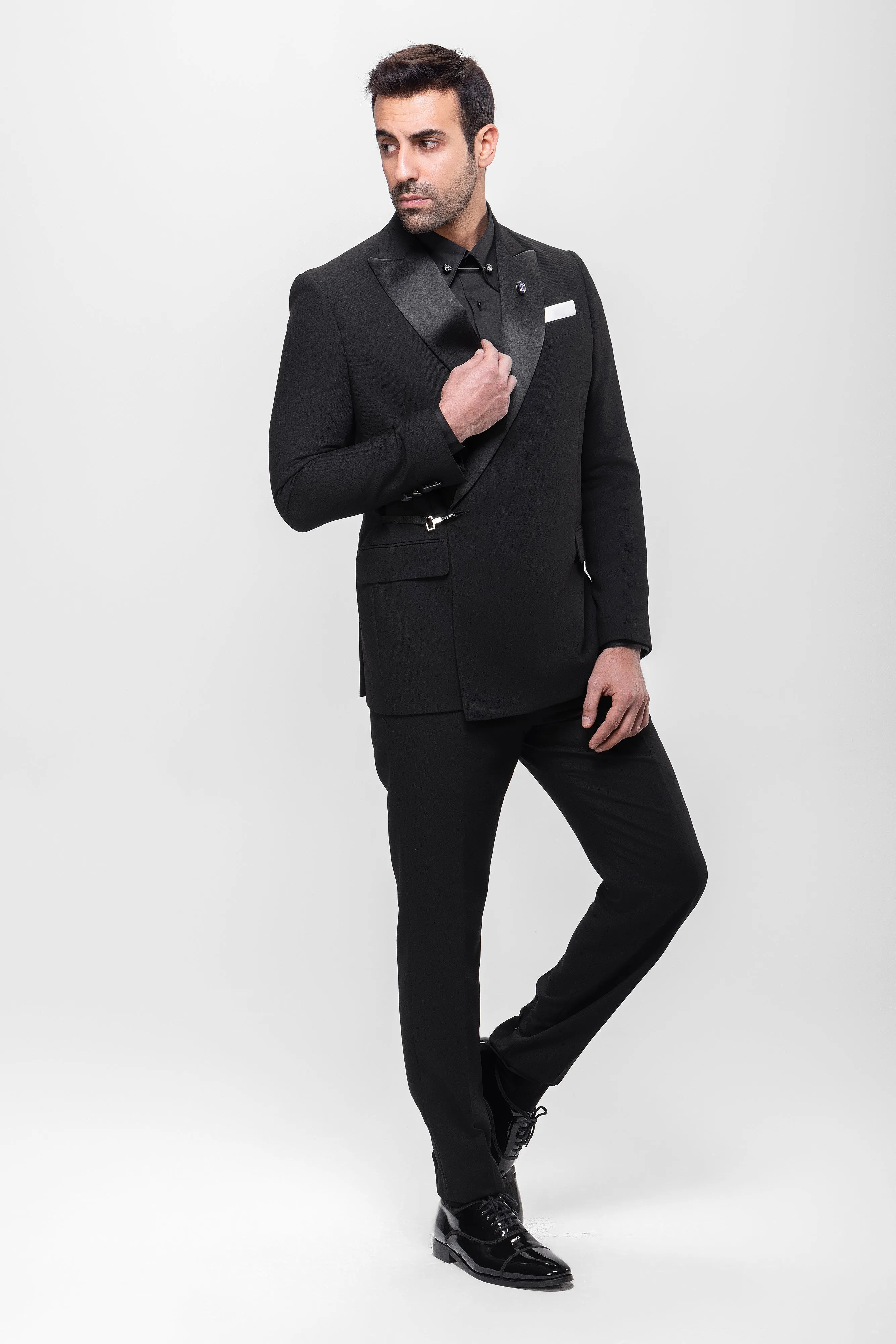Slim Fit Black Tuxedo Suit - Satin Notch Lapel-Turkish Made
