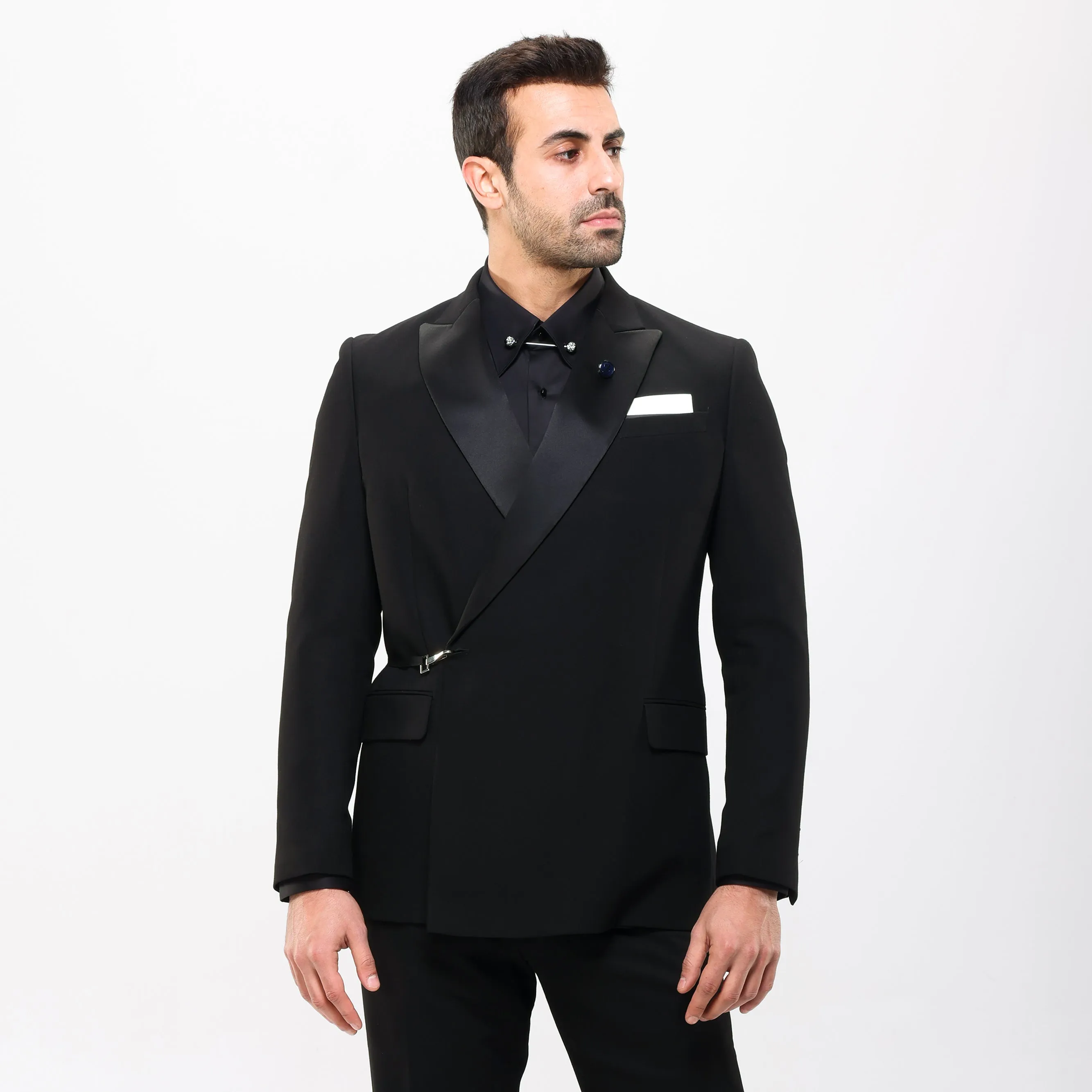 Slim Fit Black Tuxedo Suit - Satin Notch Lapel-Turkish Made