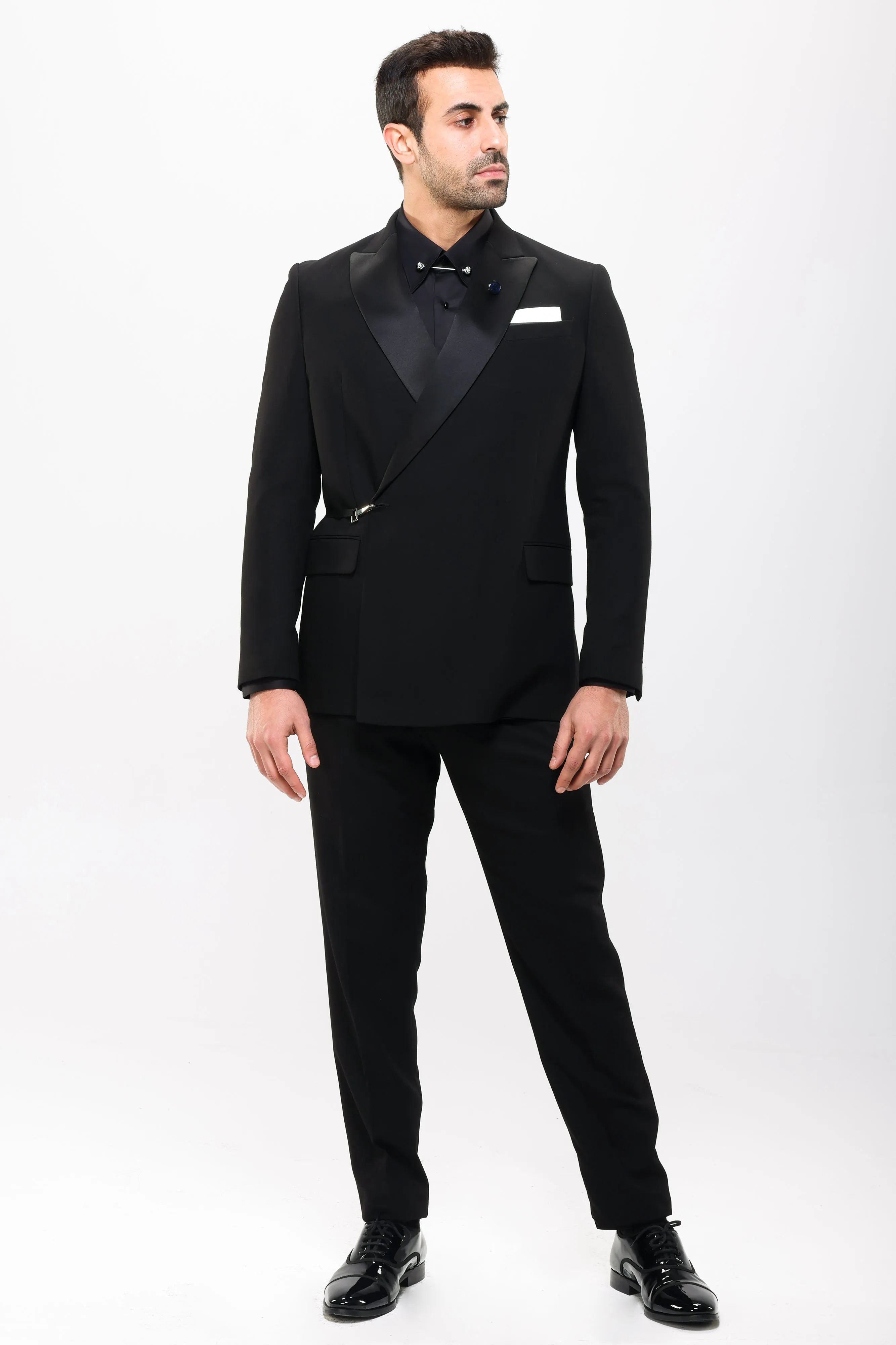 Slim Fit Black Tuxedo Suit - Satin Notch Lapel-Turkish Made