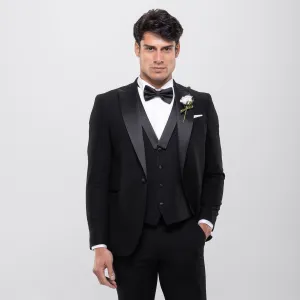 Slim Fit Black Wedding Suit -Satin Notch Lapel-Turkish Made