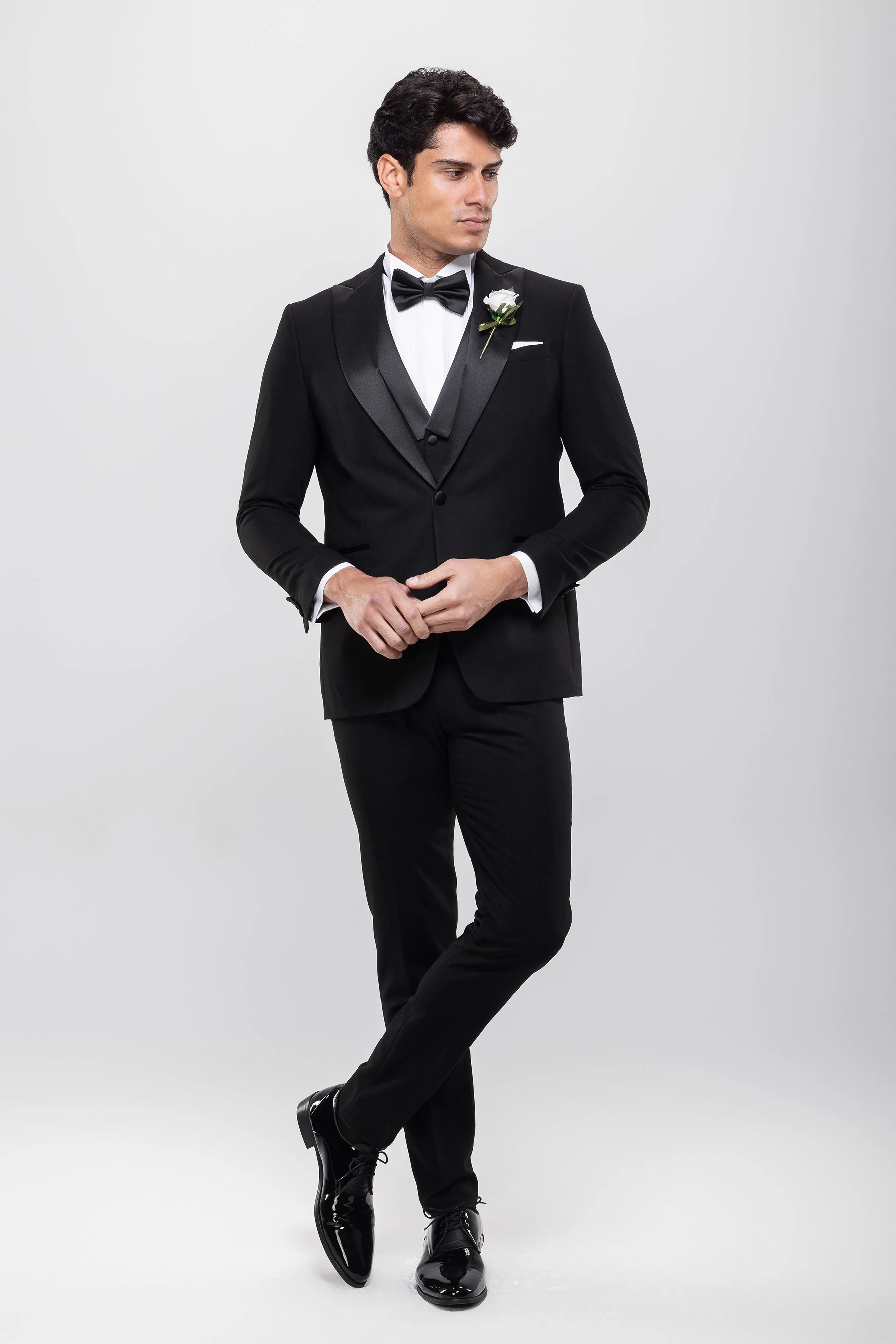 Slim Fit Black Wedding Suit -Satin Notch Lapel-Turkish Made