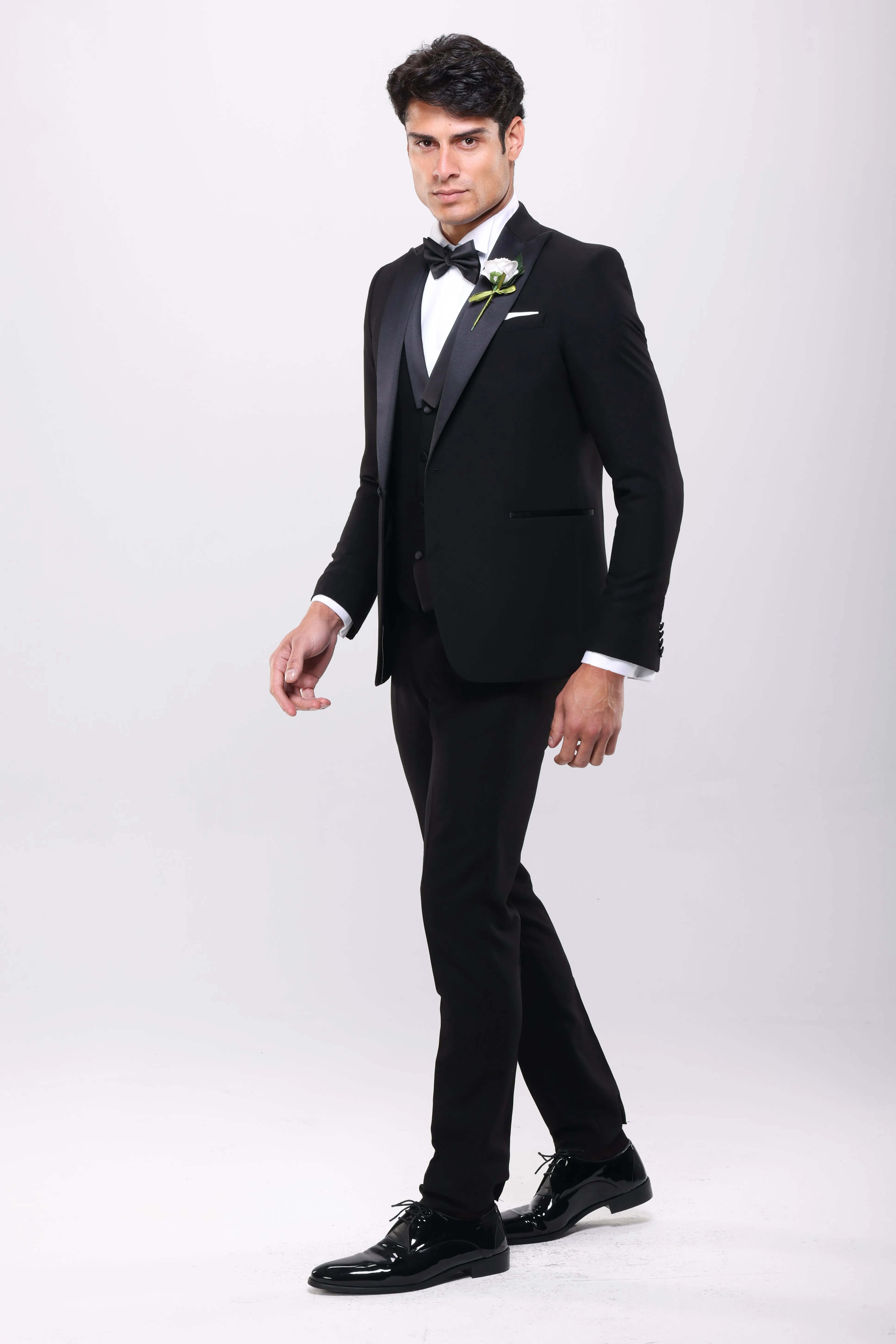 Slim Fit Black Wedding Suit -Satin Notch Lapel-Turkish Made