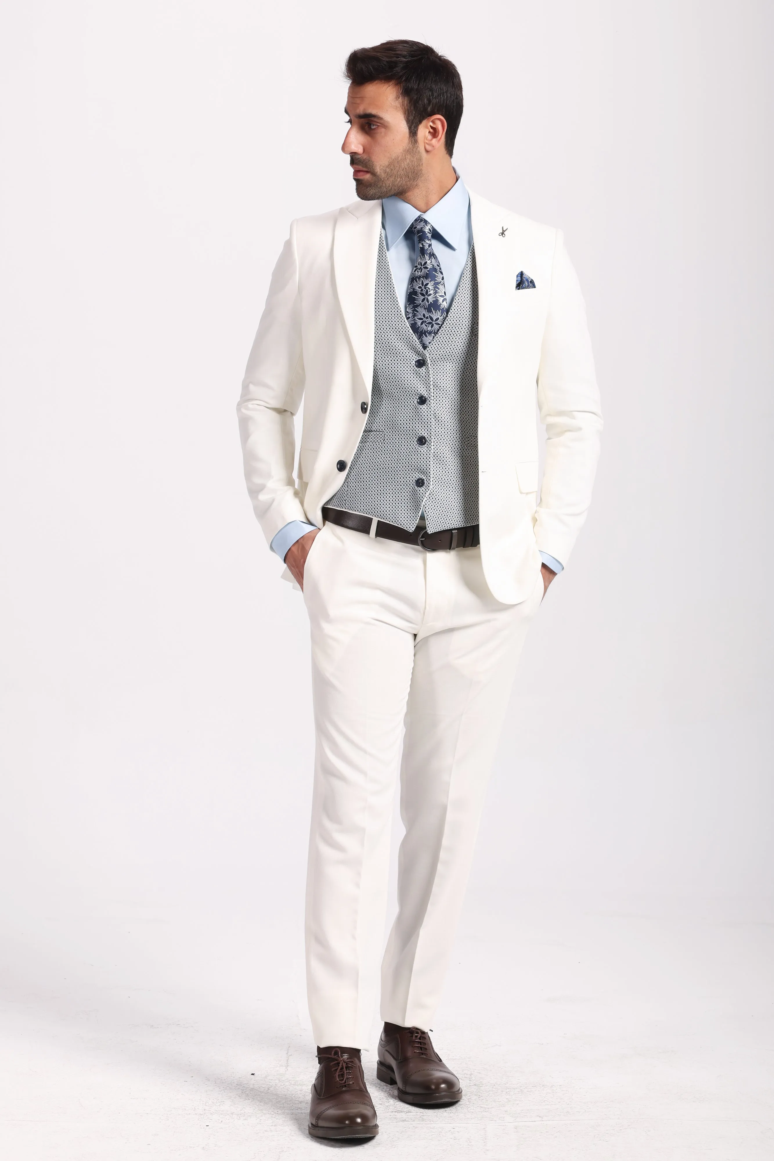 Slim Fit OFF White Formal Suit- Vest Double Face - Turkish Made