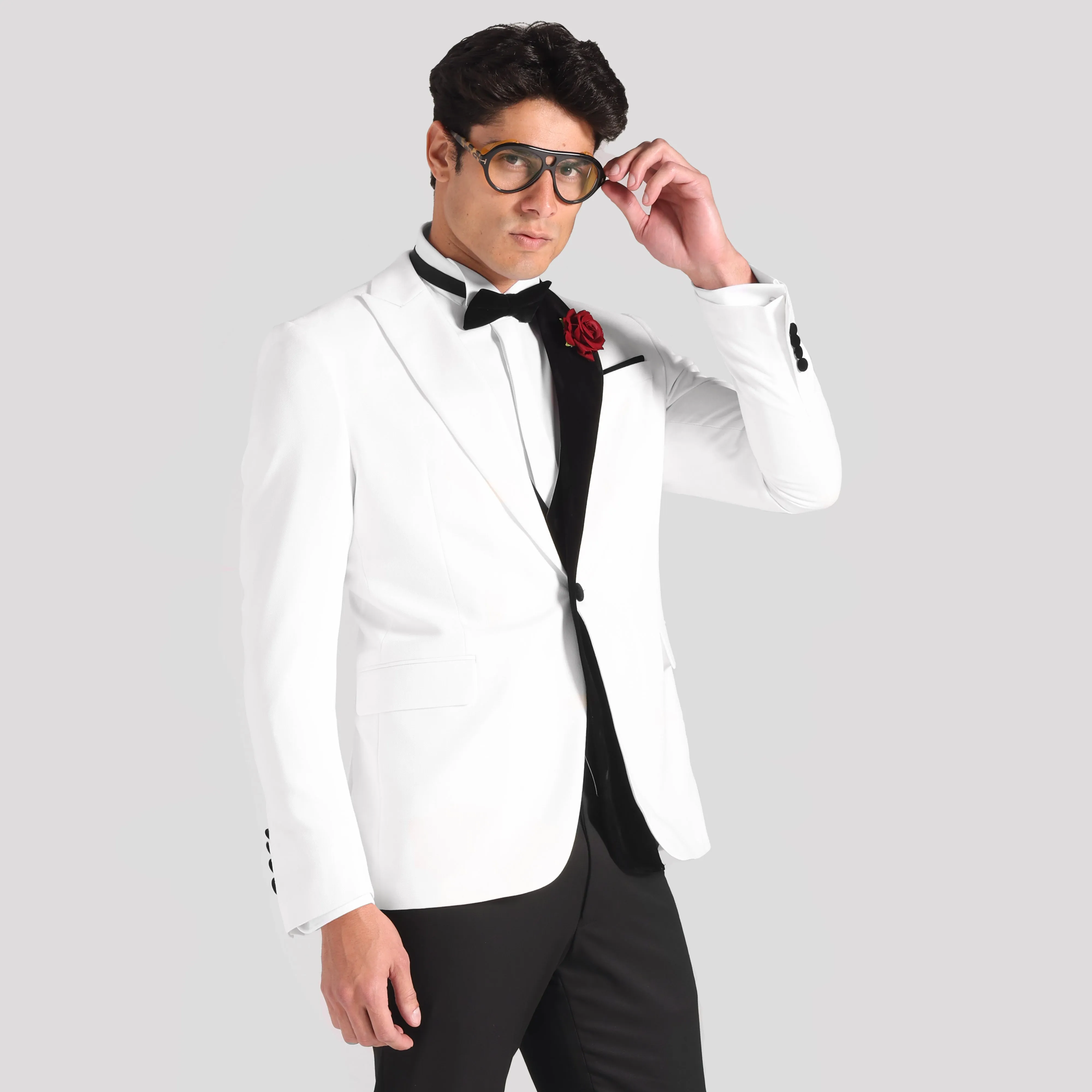 Slim Fit Off White Wedding Suit - Black and white-Turkish Made