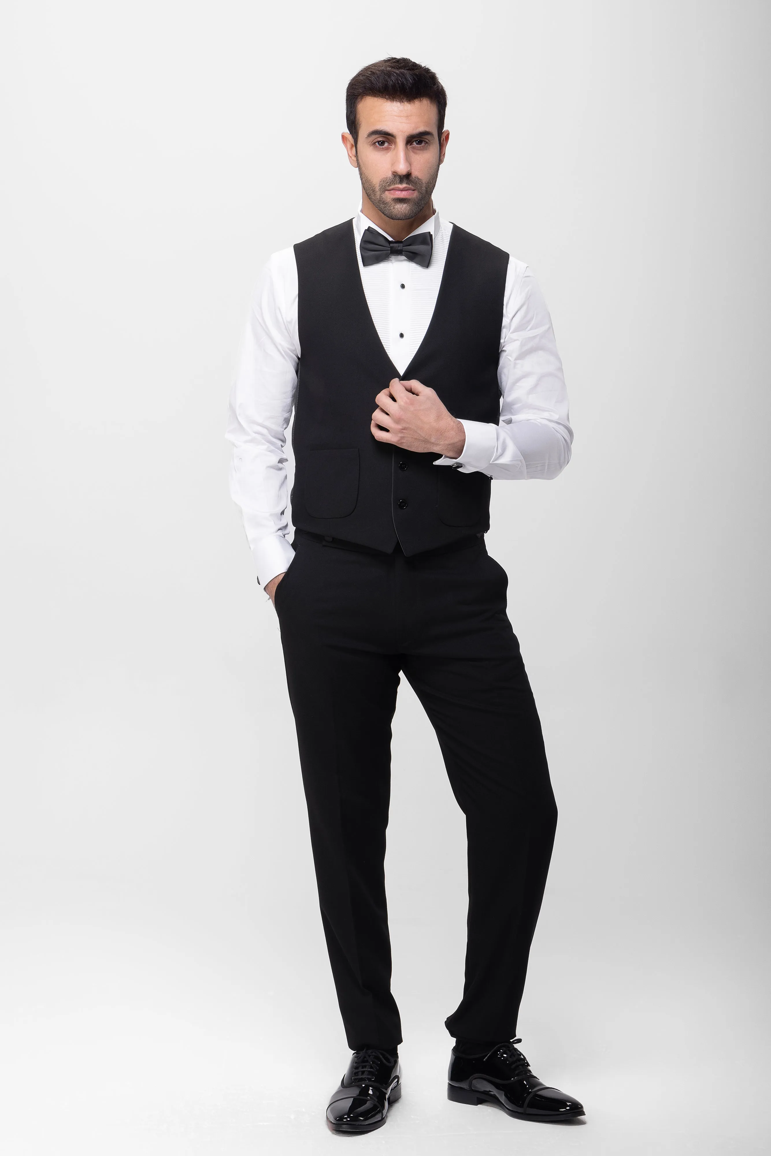 Slim Fit Off White Wedding Suit - Black and white-Turkish Made