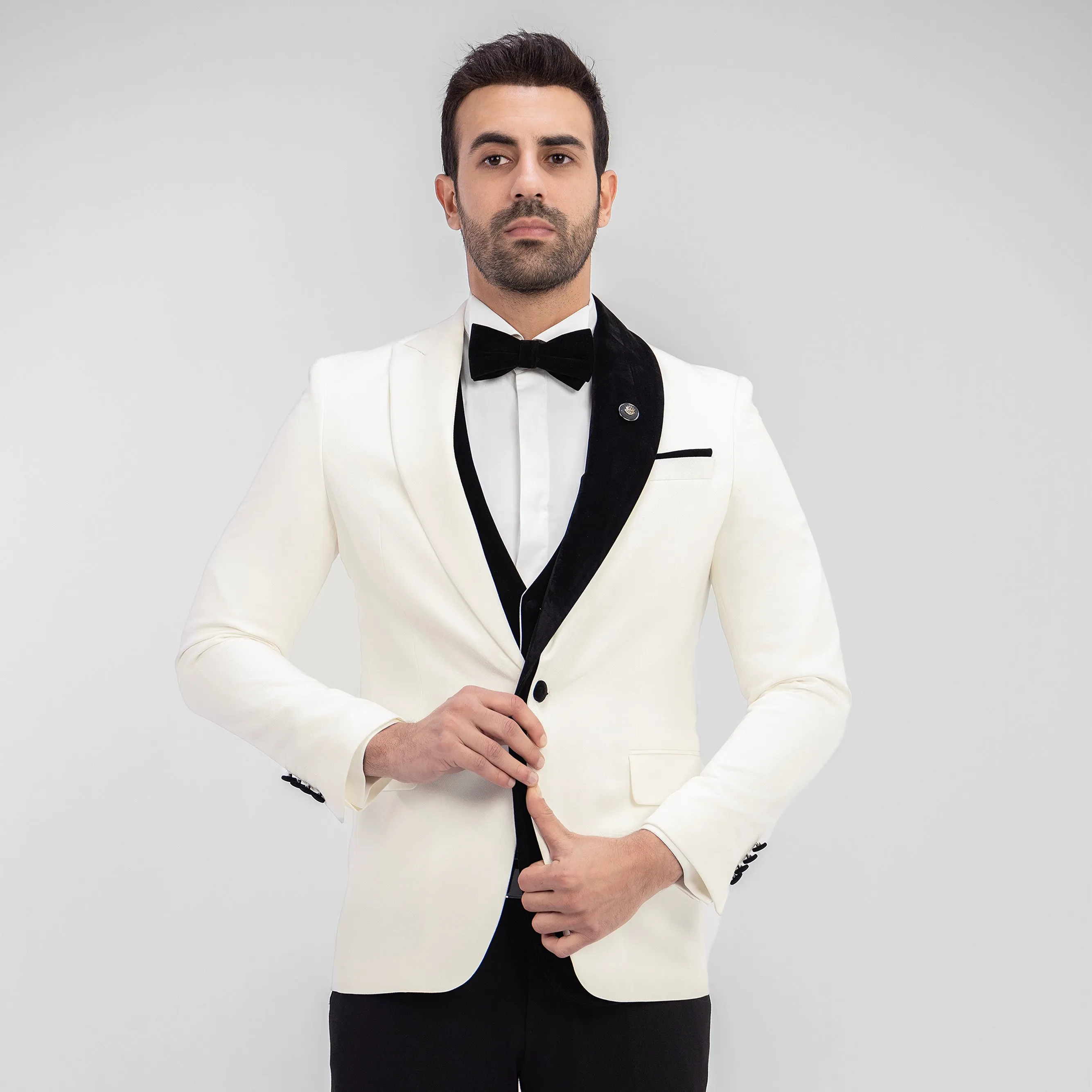 Slim Fit Off White Wedding Suit - Black and white-Turkish Made