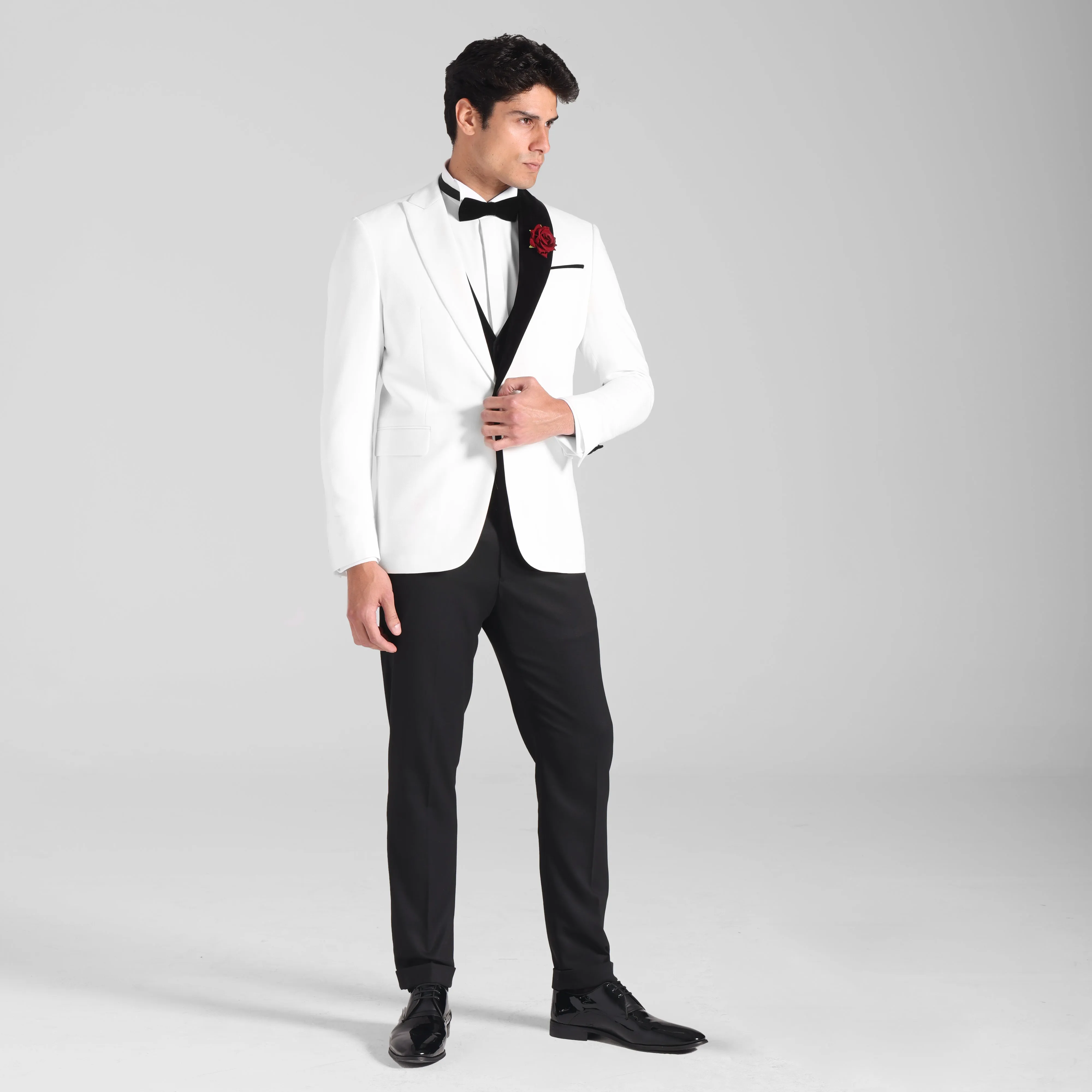 Slim Fit Off White Wedding Suit - Black and white-Turkish Made