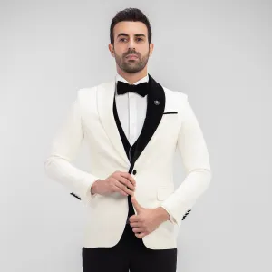 Slim Fit Off White Wedding Suit - Black and white-Turkish Made