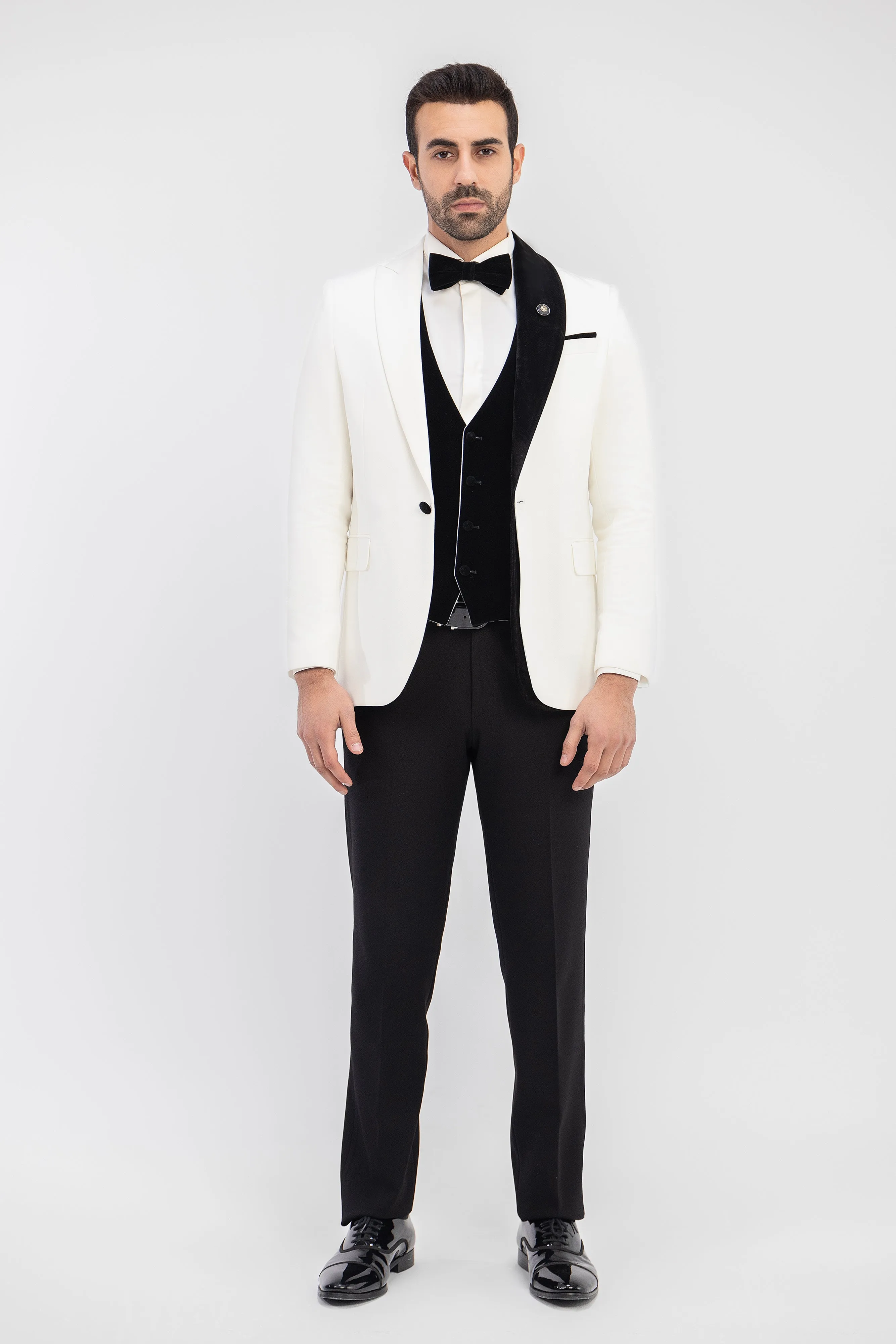 Slim Fit Off White Wedding Suit - Black and white-Turkish Made