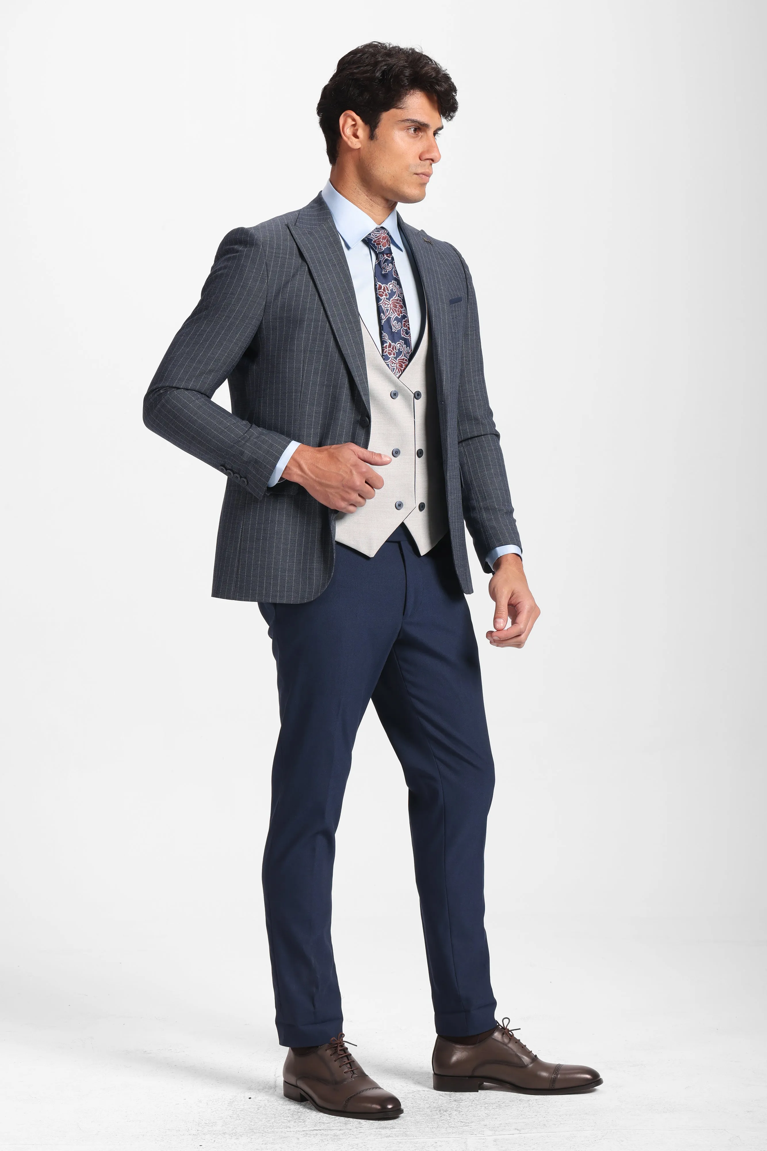 Slim Fit Smart Suit -Light Gray Vest-Turkish Made