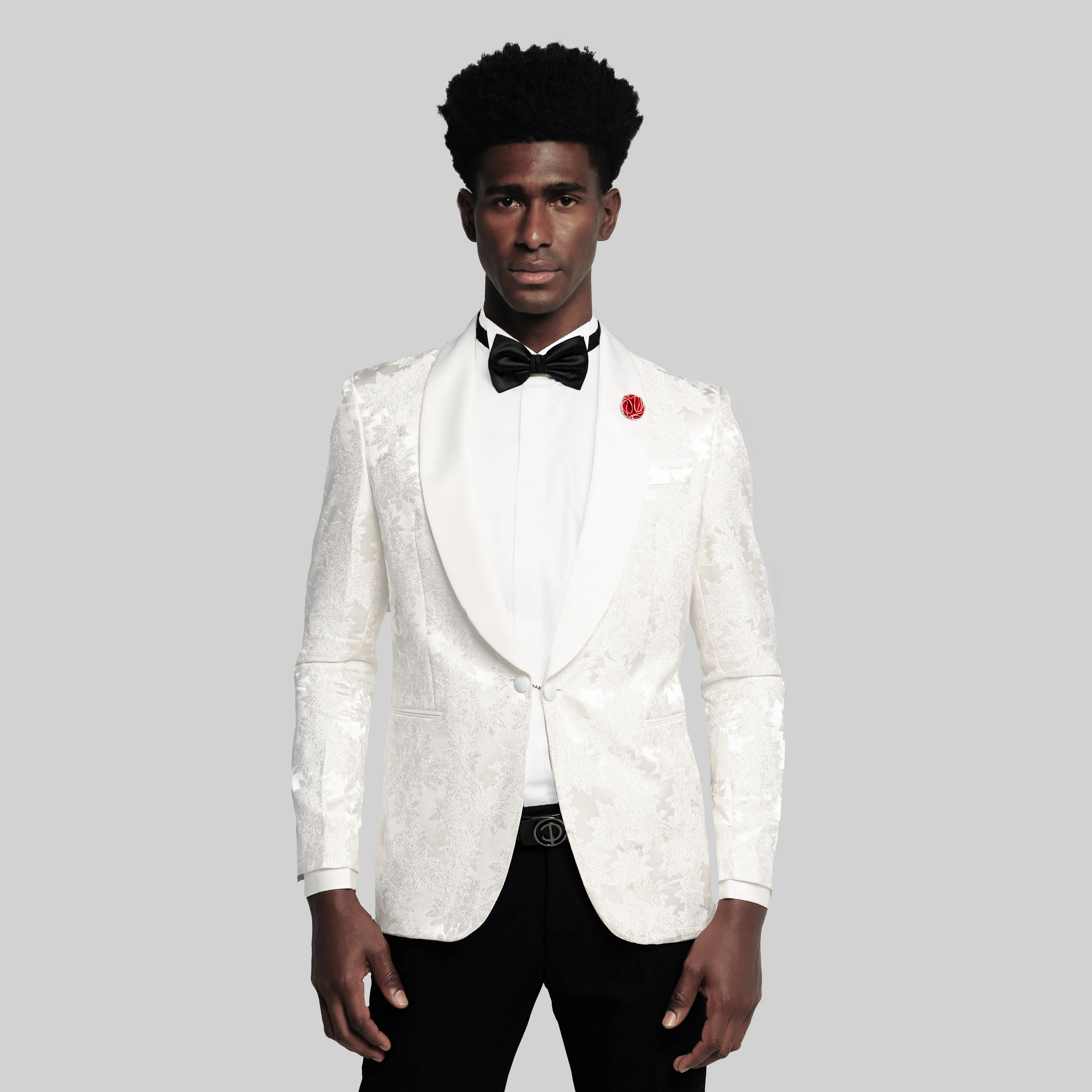 Slim Fit White Tuxedo Suit - Floral Pattern-Turkish Made