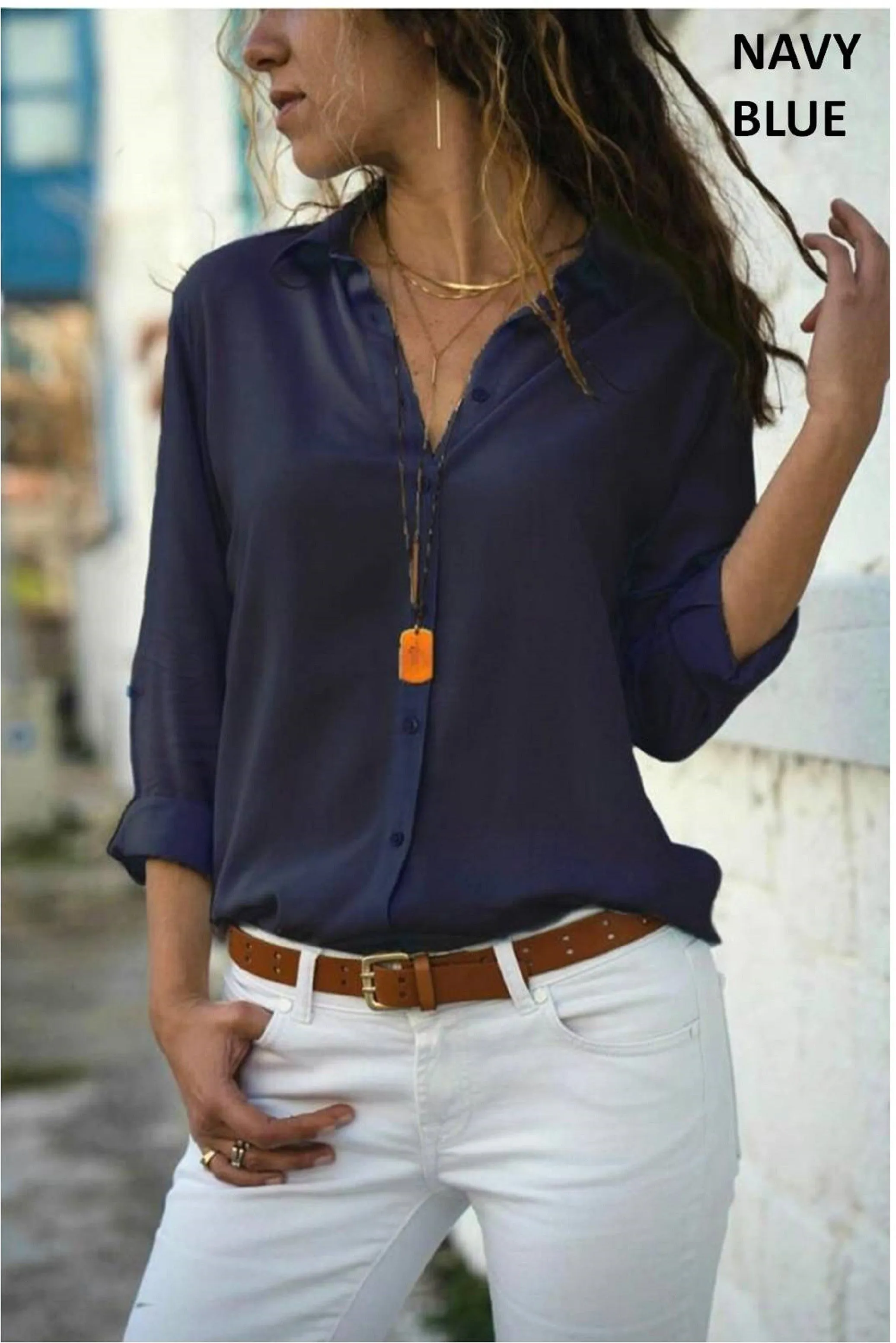 Solid Color Long Sleeve Button-Up Blouse