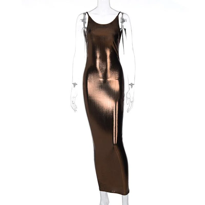 Spaghetti Strap Slim Sexy Backless Sleeveless Robe Stylish Metallic Color Night Club Dress
