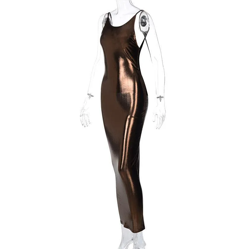 Spaghetti Strap Slim Sexy Backless Sleeveless Robe Stylish Metallic Color Night Club Dress