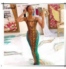 Spaghetti Strap Slim Sexy Backless Sleeveless Robe Stylish Metallic Color Night Club Dress