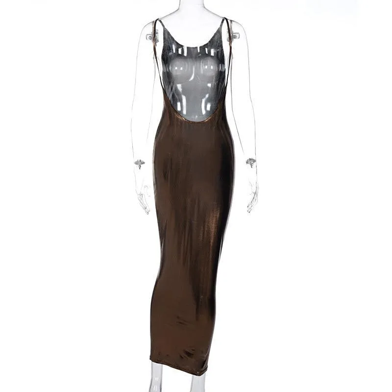 Spaghetti Strap Slim Sexy Backless Sleeveless Robe Stylish Metallic Color Night Club Dress